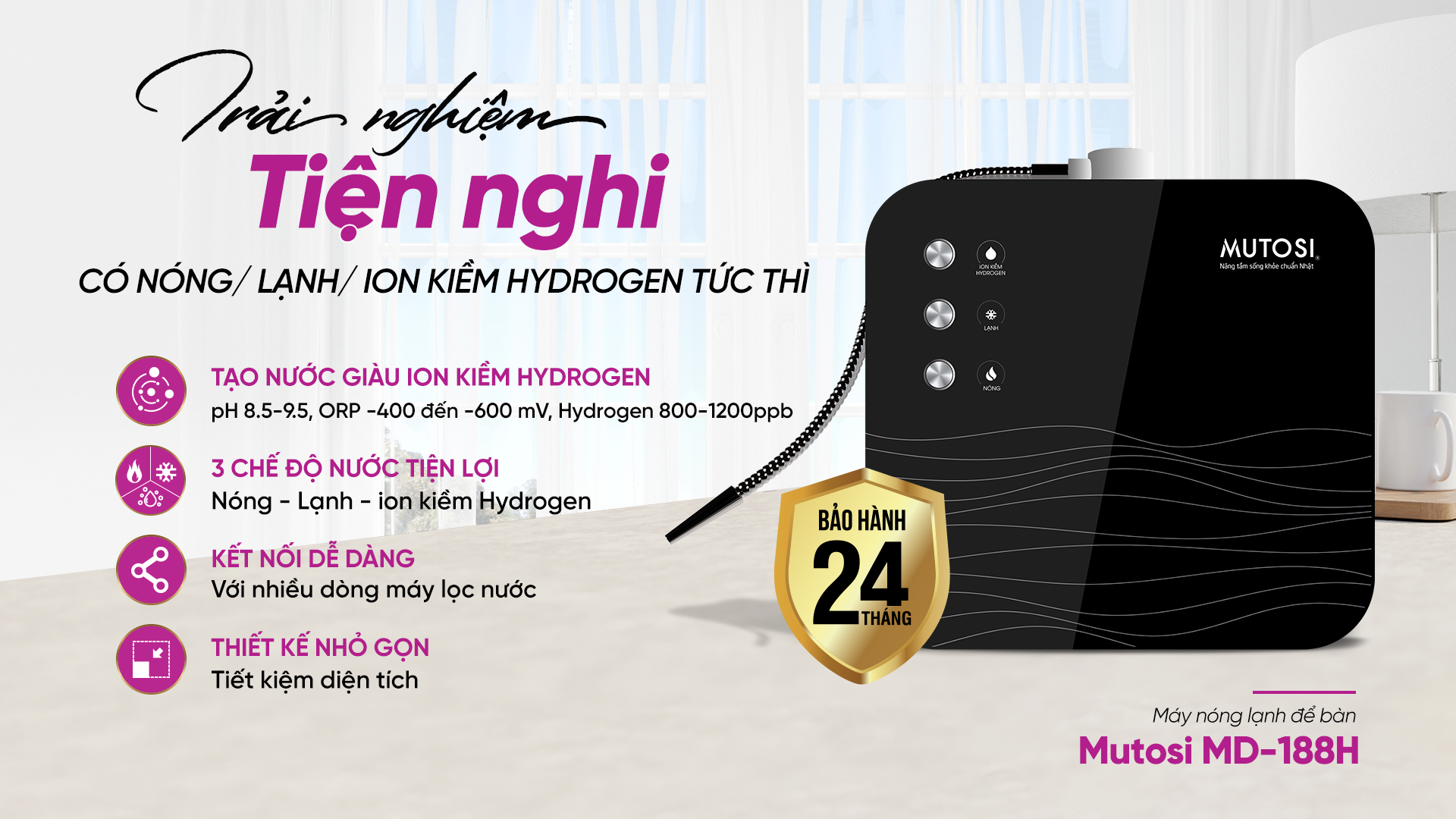Máy nóng lạnh ion kiềm hydrogen Mutosi MD-188H