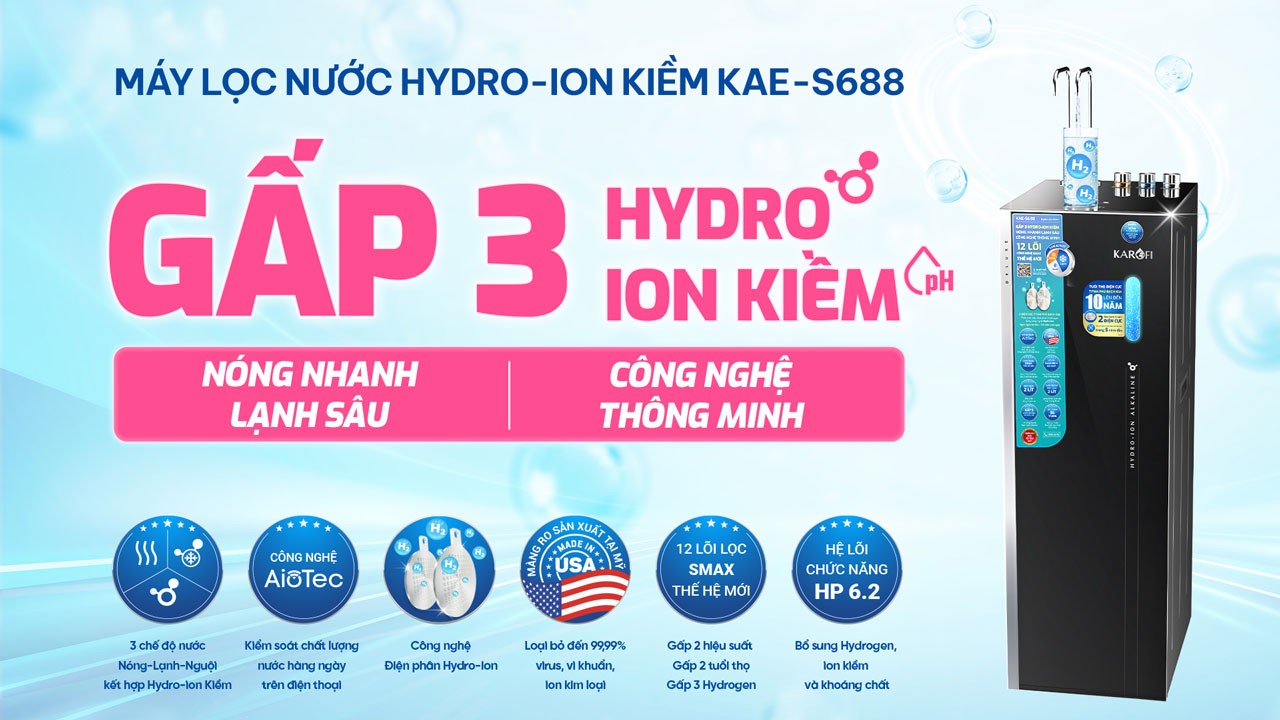 Máy lọc nước Hydro-ion kiềm nóng lạnh Karofi KAE-S688