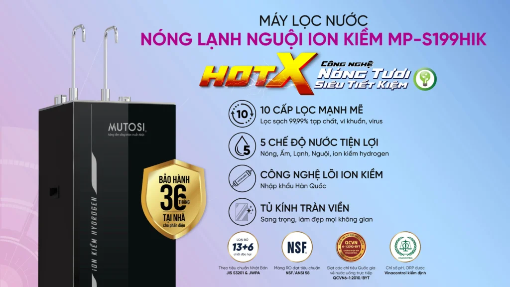Máy lọc nước ion kiềm hydrogen nóng lạnh nguội Mutosi MP-S199HIK